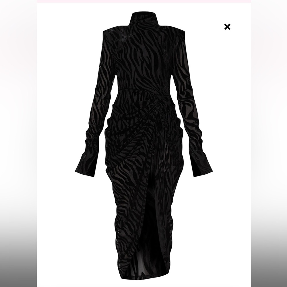 NWT PLT Black Zebra Print Devore High Neck Draped Midi velvet dress - Picture 3 of 6